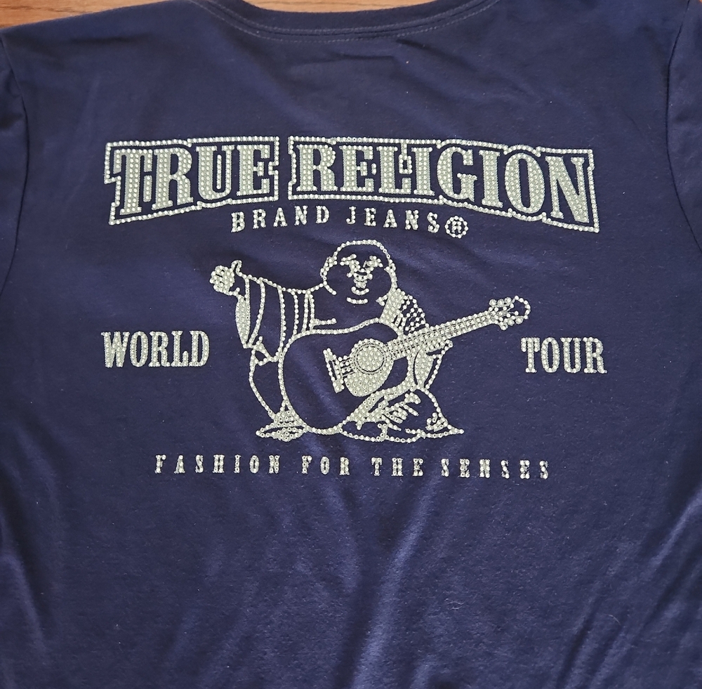 True Religion Navy Tee with Rhinestone Buddha Graphic